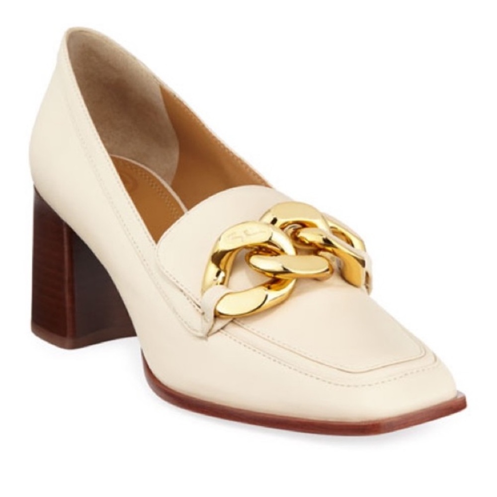 Tory Burch Cream Leather Block Heel Loafer with Gold Chain